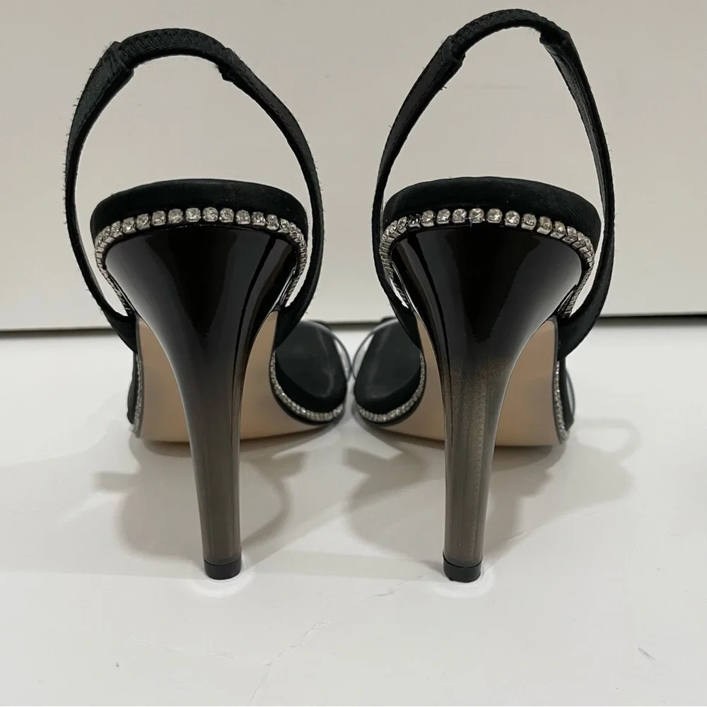 Good American Women's 7 Crystal Crush Lucite Satin Rhinestone Stilletto Heels